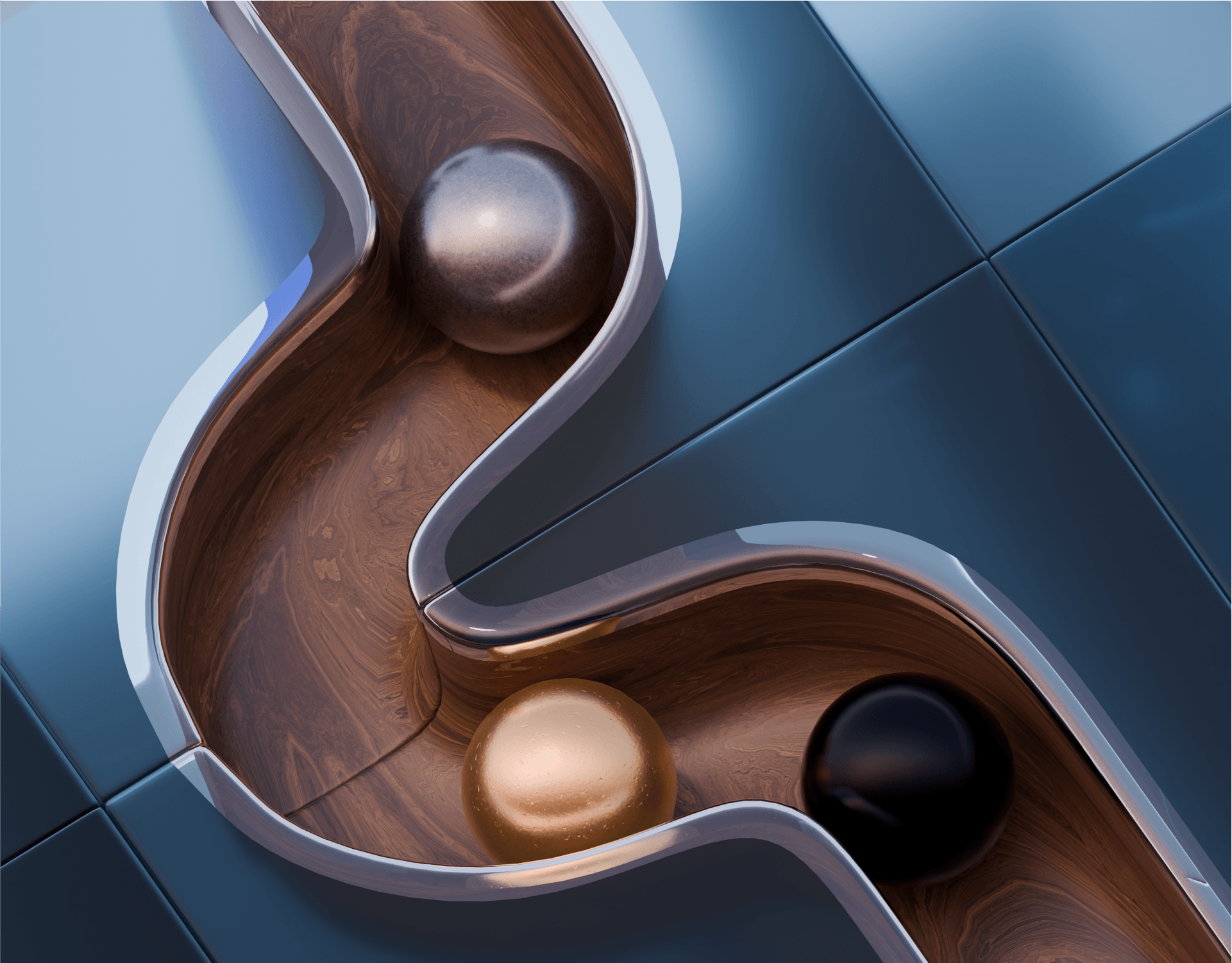 Wood and metal marble run close up
