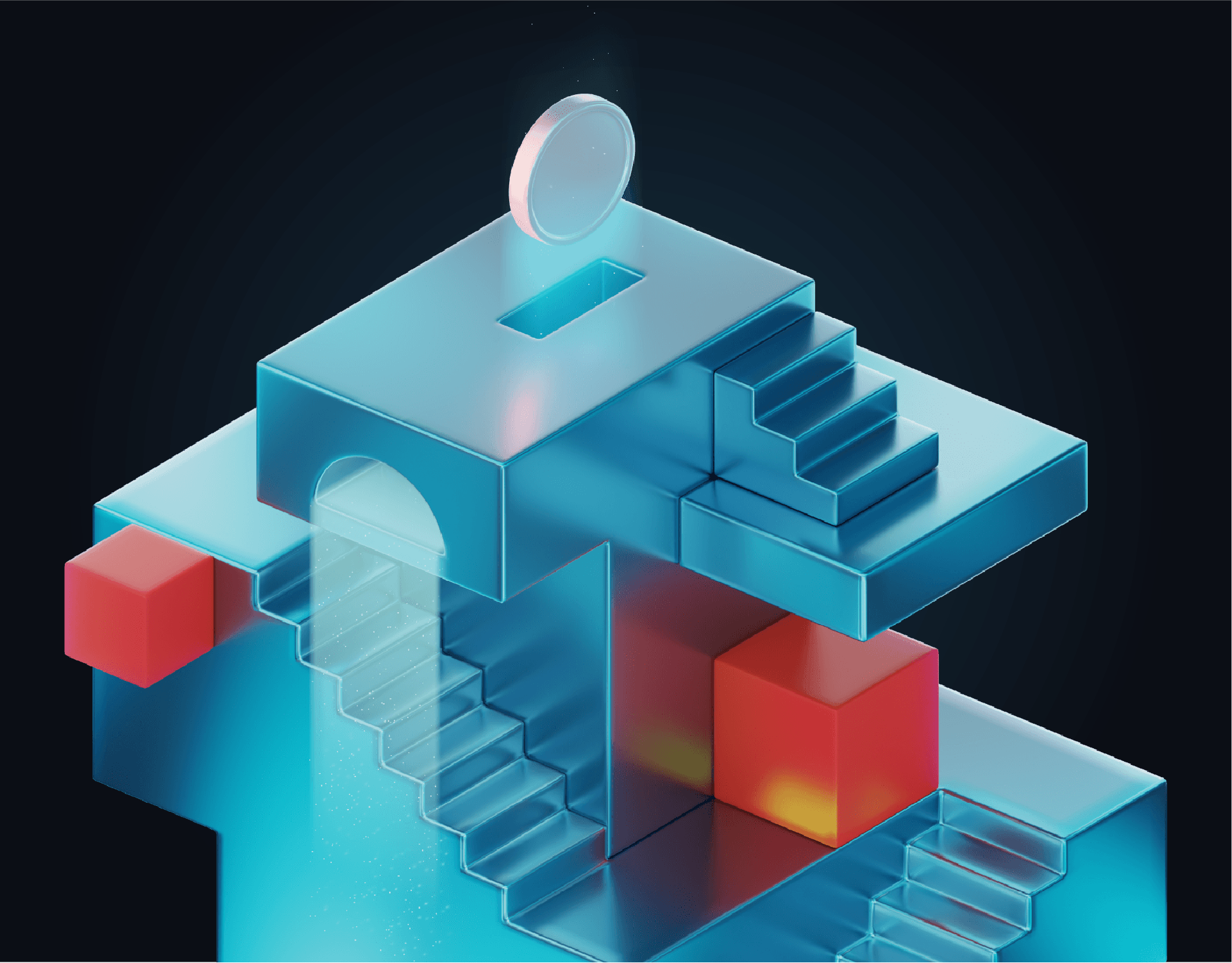 Abstract glass structure in blue and red